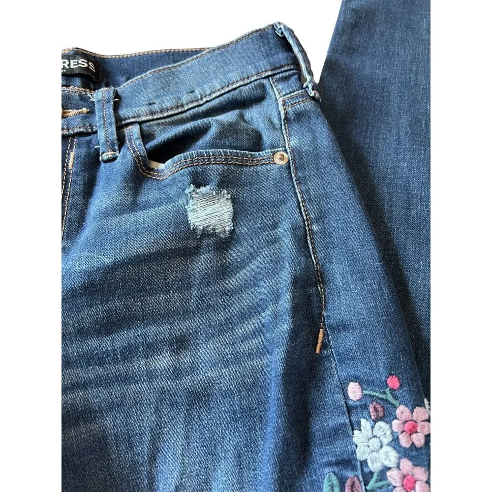 Express Womens Distressed Floral Embroidered Skinny Legging Jeans Size 0 Cotton - Picture 10 of 16